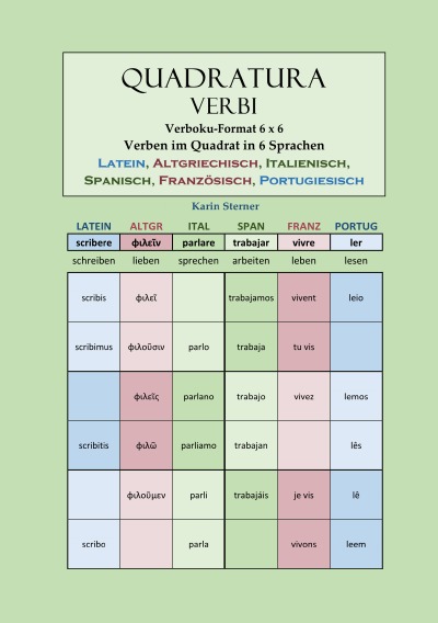 'Cover von Quadratura Verbi: Verben im Quadrat in 6 Sprachen. LATEIN, ALTGRIECHISCH, ITALIENISCH, SPANISCH, FRANZÖSISCH, PORTUGIESISCH. Verbokuformat 6×6'-Cover