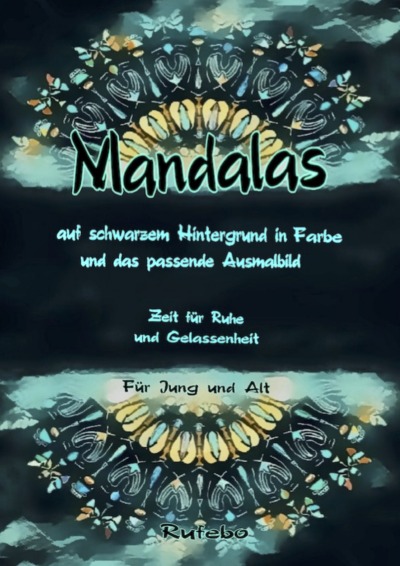 'Cover von Mandalas auf schwarzem Hintergrund in Farbe und das passende Ausmalbild'-Cover