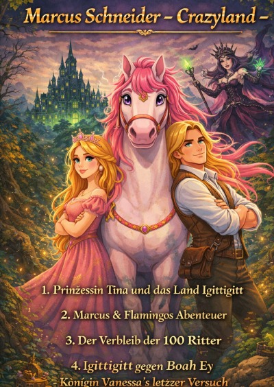 'Cover von Crazyland – Prinzessin Tina und das Land Igittigitt – Marcus & Flamingos Abenteuer – Igittigitt gegen Boah Ey Königin Vanessas letzter Versuch – Der Verbleib der 100 Ritter'-Cover