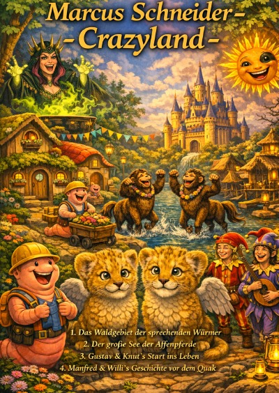 'Cover von Crazyland – Im Waldgebiet der sprechenden Würmer – Der große See der Affenpferde – Gustav & Knut´s Start ins Leben – Manfred & Willi´s Geschichte vor dem Quak'-Cover