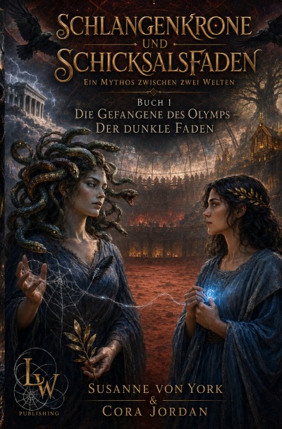 'Cover von Schlangenkrone und Schicksalsfaden – Ein Mythos zwischen zwei Welten – Buch 1 – Die Gefangene des Olymps – Der dunkle Faden'-Cover
