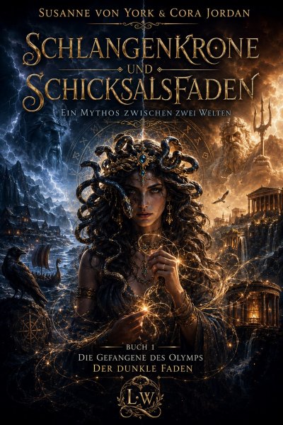 'Cover von Schlangenkrone und Schicksalsfaden – Ein Mythos zwischen zwei Welten – Buch 1 – Die Gefangene des Olymps – Der dunkle Faden'-Cover