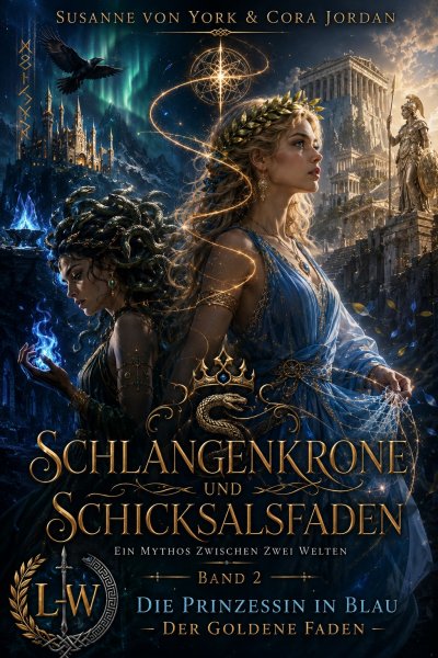 'Cover von Schlangenkrone und Schicksalsfaden – Ein Mythos zwischen zwei Welten – Buch 2 – Die Prinzessin in Blau – Der goldene Faden'-Cover