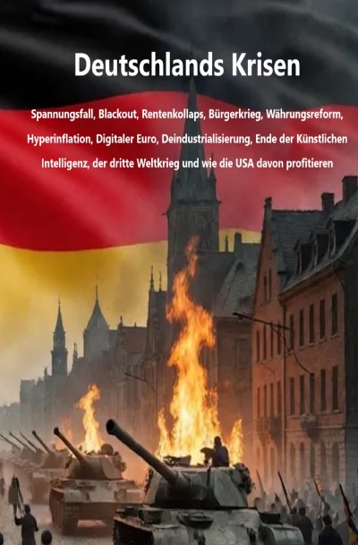 'Cover von Deutschlands Krisen – Spannungsfall, Blackout, Rentenkollaps, Bürgerkrieg, Währungsreform, Hyperinflation, Digitaler Euro, Deindustrialisierung, Ende der Künstlichen Intelligenz, der dritte Weltkrieg und wie die USA davon profitieren'-Cover