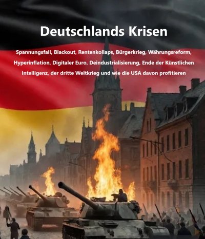 'Cover von Deutschlands Krisen – Spannungsfall, Blackout, Rentenkollaps, Bürgerkrieg, Währungsreform, Hyperinflation, Digitaler Euro, Deindustrialisierung, Ende der Künstlichen Intelligenz, der dritte Weltkrieg und wie die USA davon profitieren'-Cover