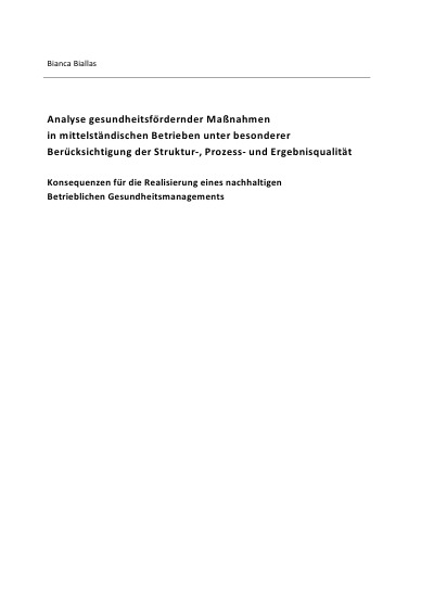 'Analyse gesundheitsfördernder Maßnahmen in mittelständischen Betrieben unter besonderer Berücksichtigung der Struktur-, Prozess- und Ergebnisqualität'-Cover