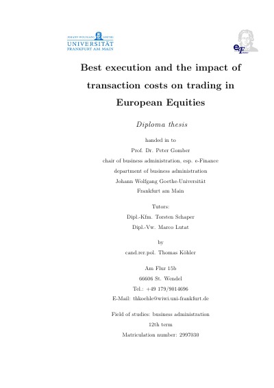 'Best execution and the impact of transaction costs on trading in European Equities'-Cover