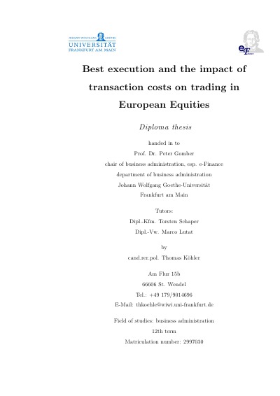 'Cover von Best execution and the impact of transaction costs on trading in European Equities'-Cover