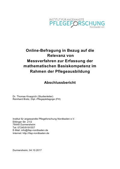 'Cover von Online-Befragung in Bezug auf die Relevanz von Messverfahren zur Erfassung der mathematischen Basiskompetenz im Rahmen der Pflegeausbildung'-Cover