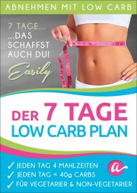 Der 7 Tage Low Carb Plan - Jeden Tag 4 Mahlzeiten, Jeden Tag weniger als 40g Kohlenhydrate, Jedes Rezept mit Vegetarischer Variante - Atkins Diaetplan.de