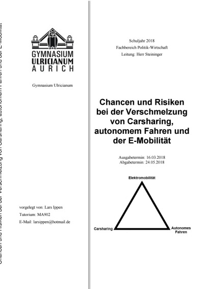 'Cover von Chancen und Risiken bei der Verschmelzung von Carsharing, autonomem Fahren und der E-Mobilität'-Cover